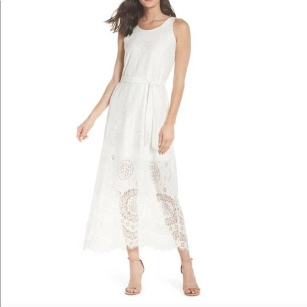 Caara Long Maxi Dress Waist Drawstring Sleeveless Scoop Neck Lace White Medium